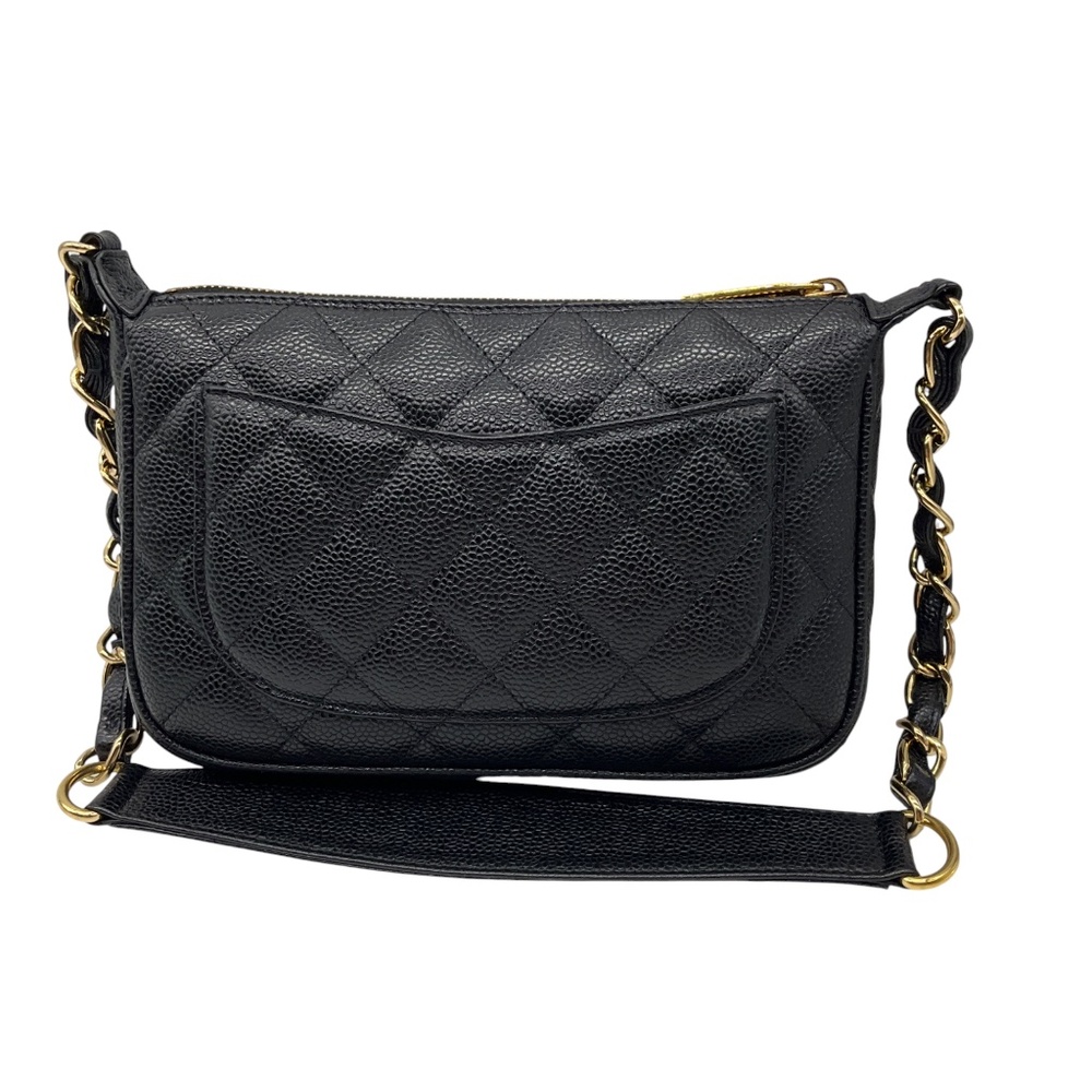 CHANEL BLACK / GOLD HARDWARE CC LOGO QUILTED CAVIAR LEATHER TIMELESS POCHETTE SH - Picture 3 of 16